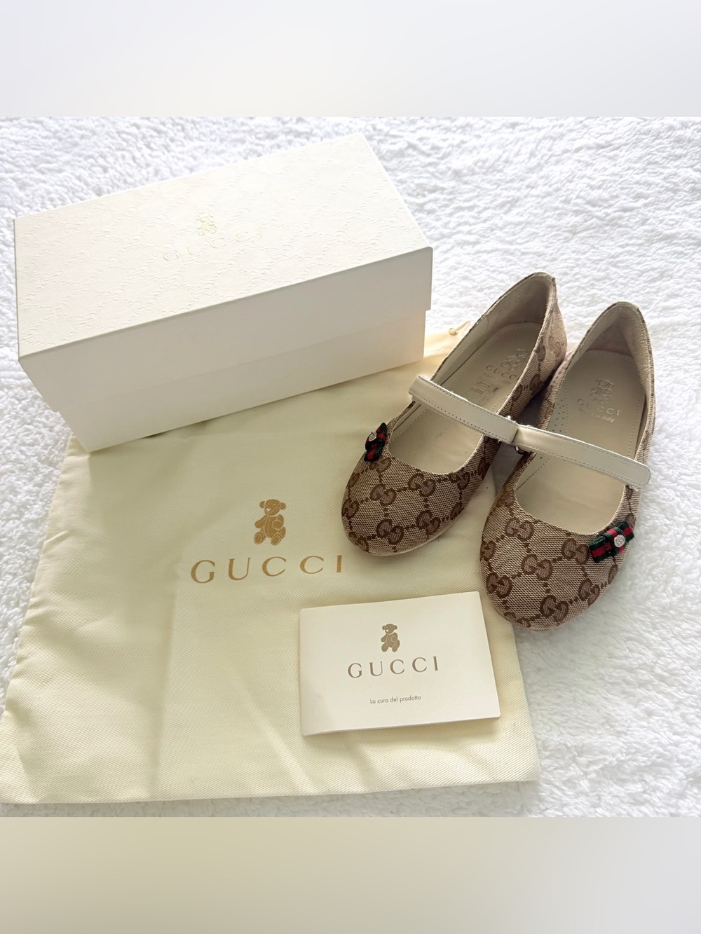 Gucci Kids Neutral GG Supreme Ballerinas Girls Ballet Flat Shoes Dress Size EU31
